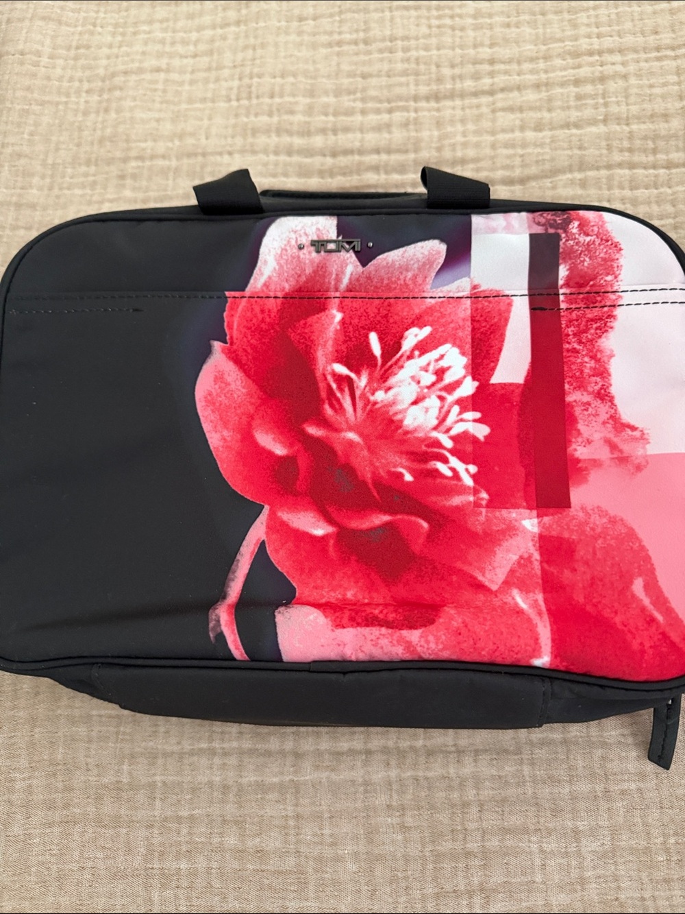 Tumi Black Cosmetic Case with Red Floral Print